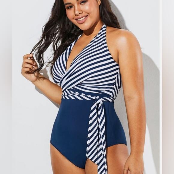 Meet Curve Faux Wrap Halter Swimsuit  XL Blue White Striped NWT Retro Swim - Picture 1 of 16